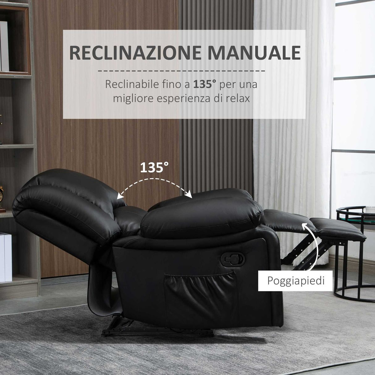 easycomfort easycomfort poltrona relax reclinabile con maniglia e tasche laterali 100x89x100cm nera