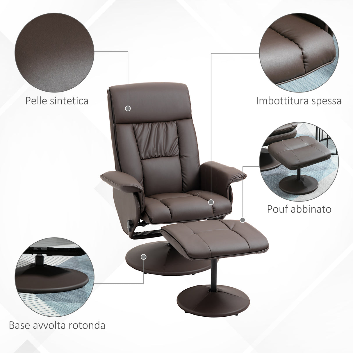 easycomfort easycomfort poltrona relax reclinabile fino 135 con seduta girevole e pouf poggiapiedi 78x84x110cm marrone