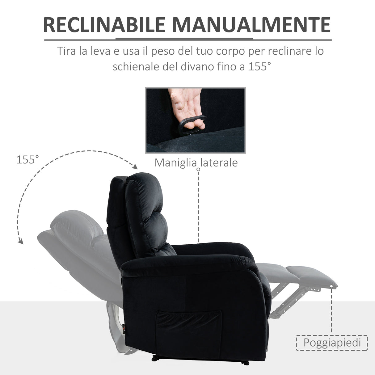 easycomfort easycomfort poltrona relax reclinabile fino a 155 con poggiatesta e poggiapiedi in tessuto 85x95x104cm nero