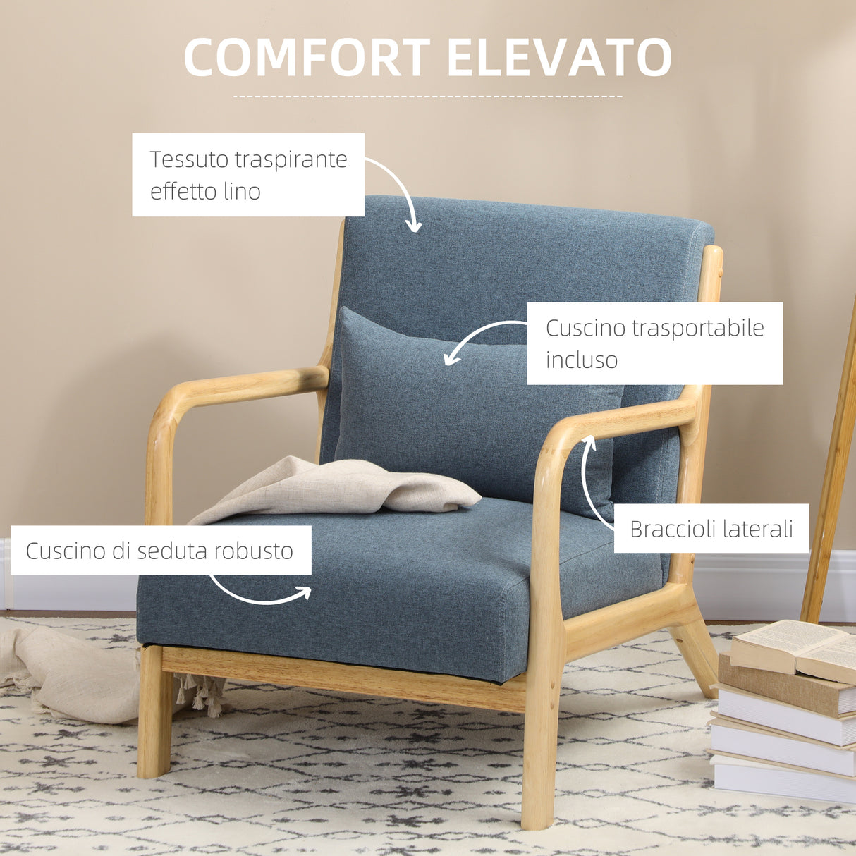 easycomfort easycomfort poltroncina in stile nordico in legno tessuto effetto lino e cuscino extra 66x80x77 5cm blu