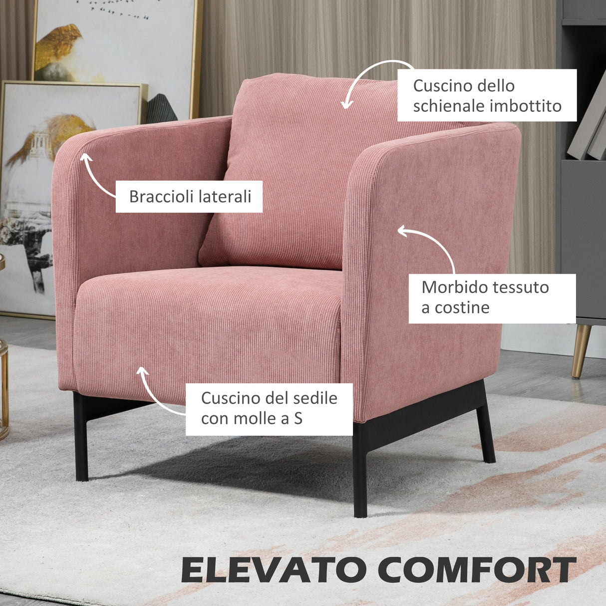easycomfort easycomfort poltroncina in velluto a coste con gambe in acciaio e cuscino posteriore 73x74x82cm rosa
