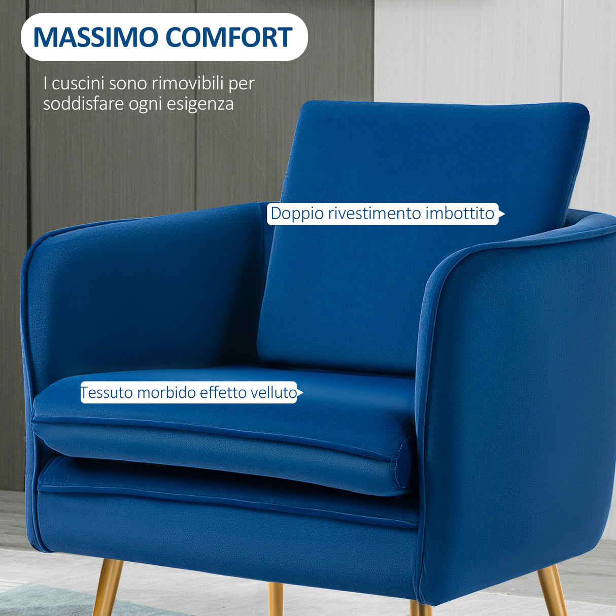 easycomfort easycomfort poltroncina in velluto imbottita con braccioli 63x61x80cm blu
