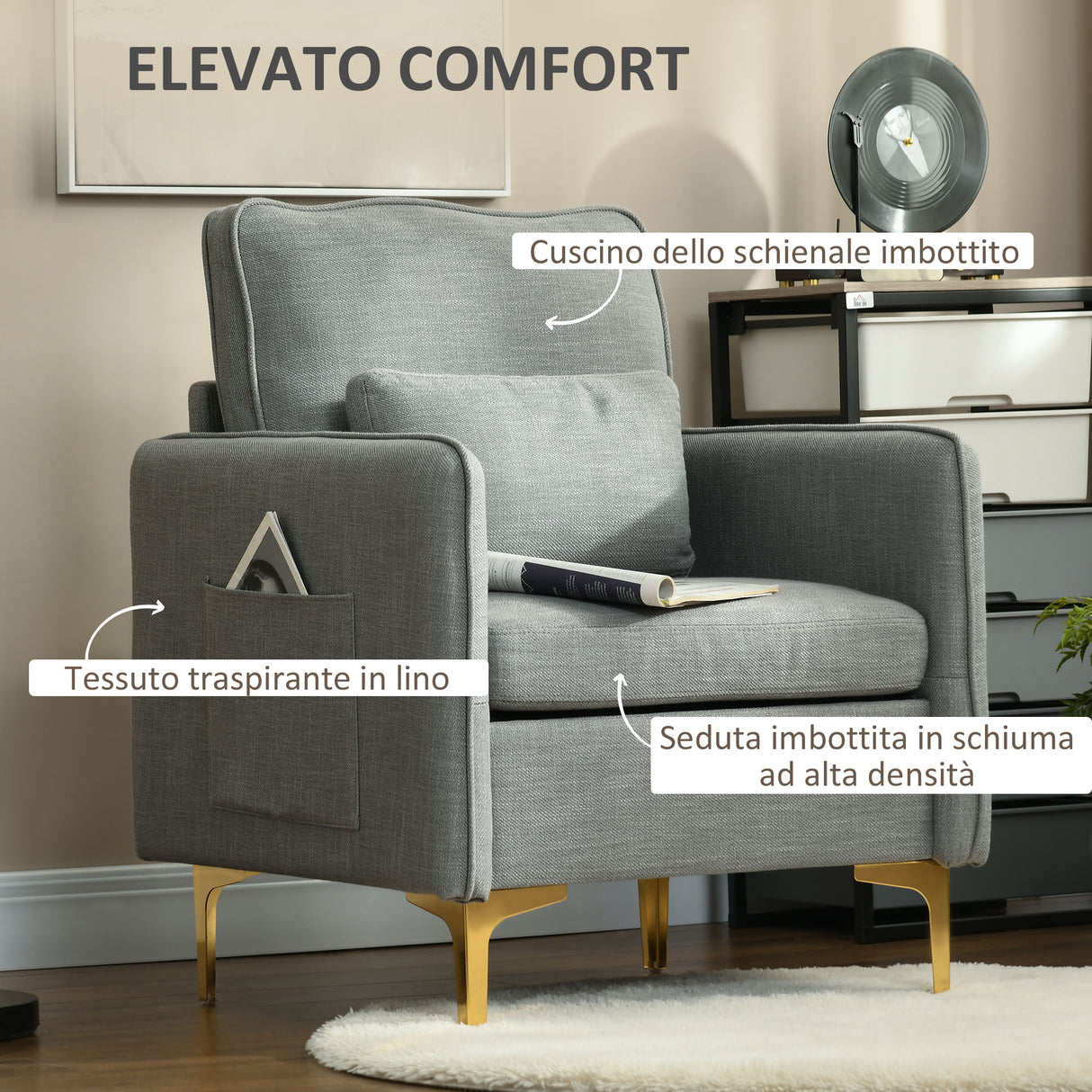 easycomfort easycomfort poltroncina moderna con tessuto effetto lino gambe in acciaio e tasche laterali 72x72x90cm grigio