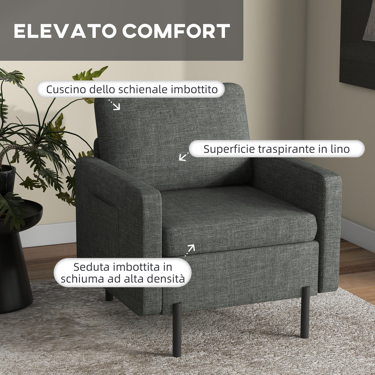 easycomfort easycomfort poltroncina moderna con tessuto effetto lino gambe in acciaio e tasche laterali 73x79x87cm grigio