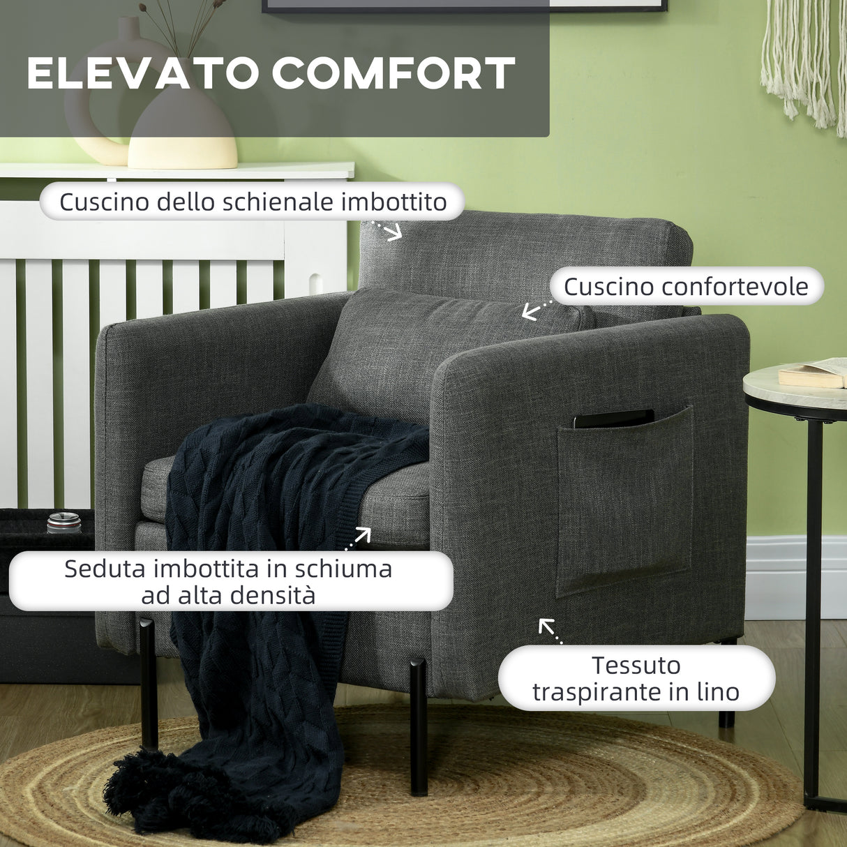 easycomfort easycomfort poltroncina moderna in tessuto effetto lino con gambe in acciaio e tasche laterali 73x73x80cm grigio