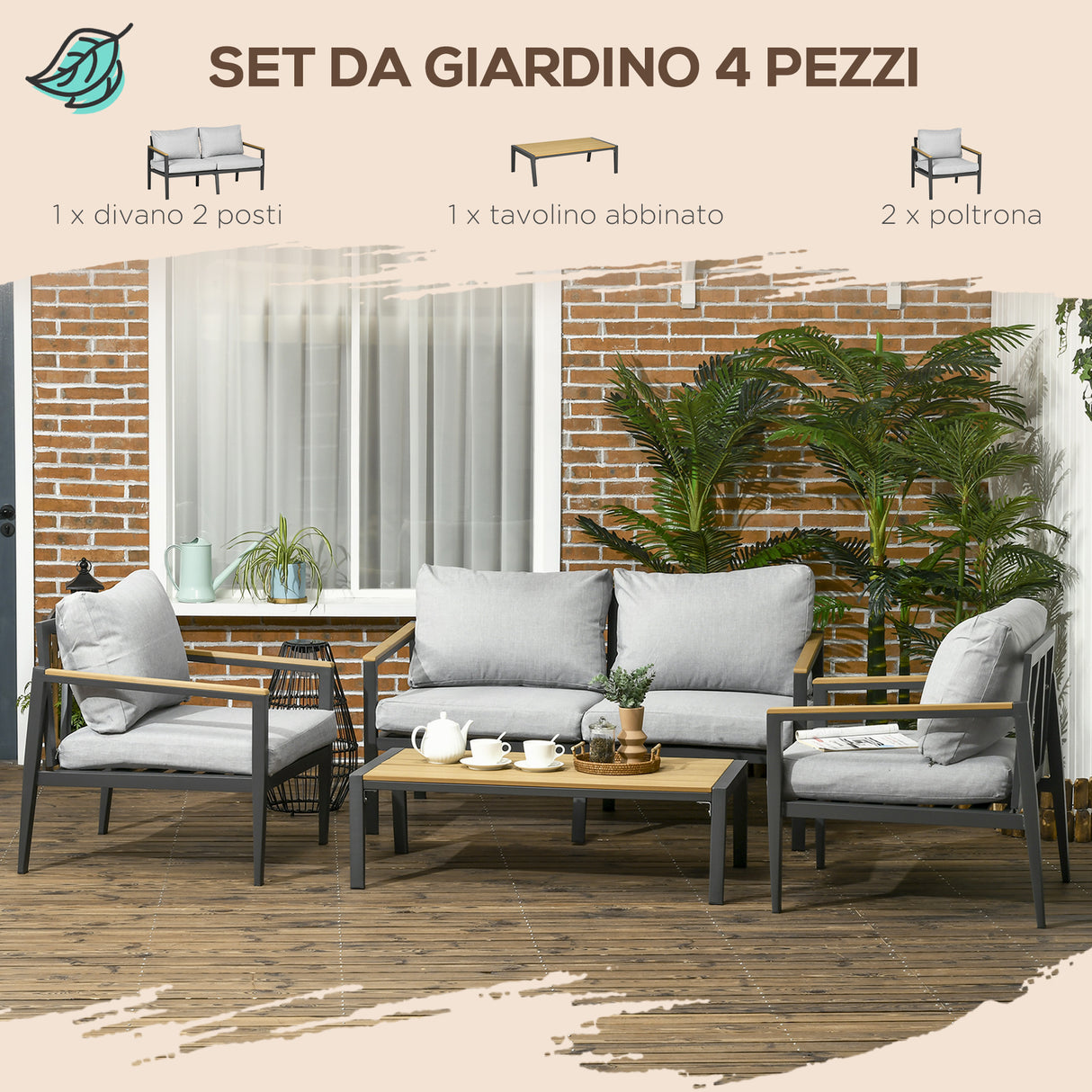 easycomfort easycomfort salotto da esterni da 4 pezzi con divanetto 2 poltrone e tavolino in alluminio grigio chiaro
