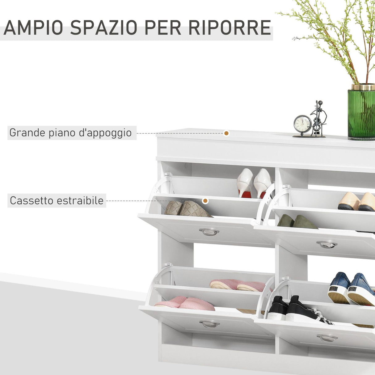 easycomfort easycomfort scarpiera salvaspazio in legno 4 cassetti a ribalta con mensola regolabile 98x24x83cm bianco