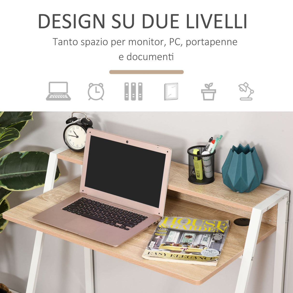 easycomfort easycomfort scrivania a 2 livelli in legno e metallo 84x45x85cm bianco rovere