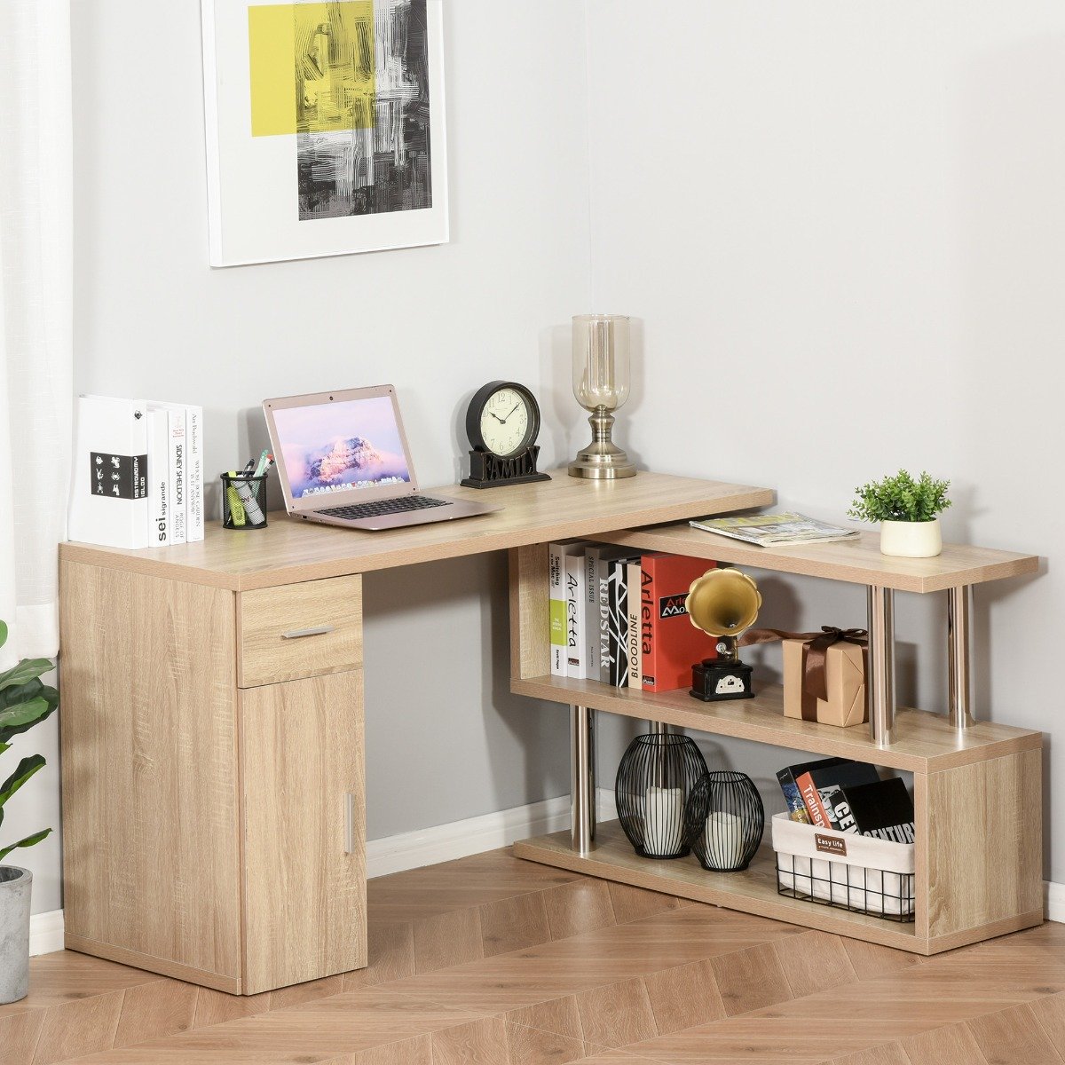 easycomfort easycomfort scrivania angolare moderna in legno color rovere con cassetto armadietto e mensole ean 8054111848169