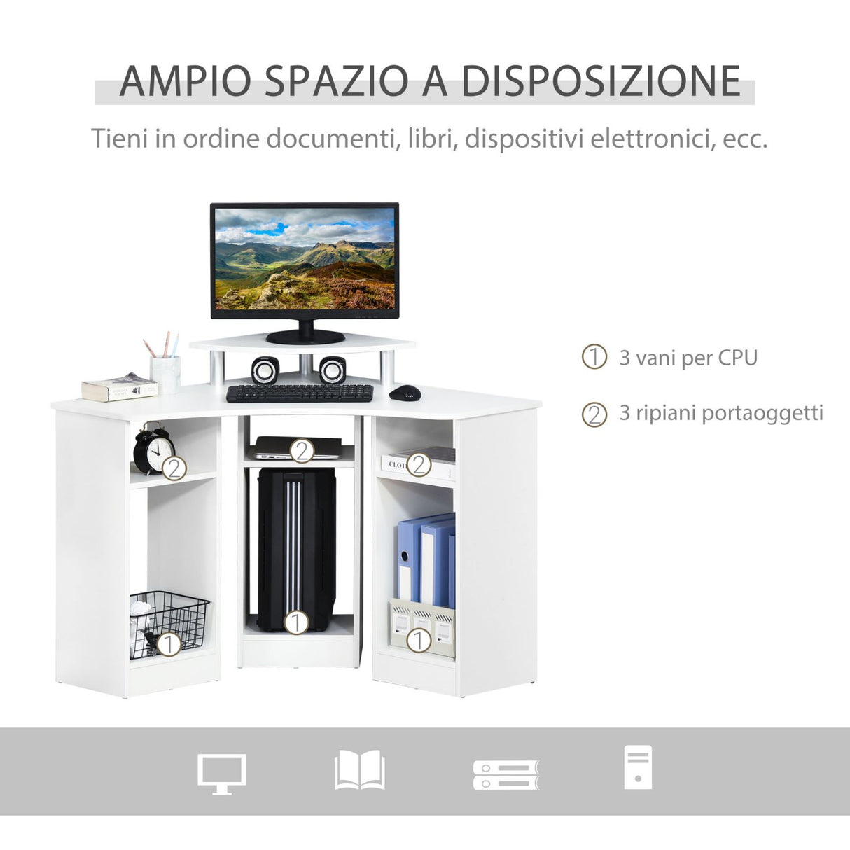 easycomfort easycomfort scrivania angolare porta pc in legno con ripiano monitor bianco
