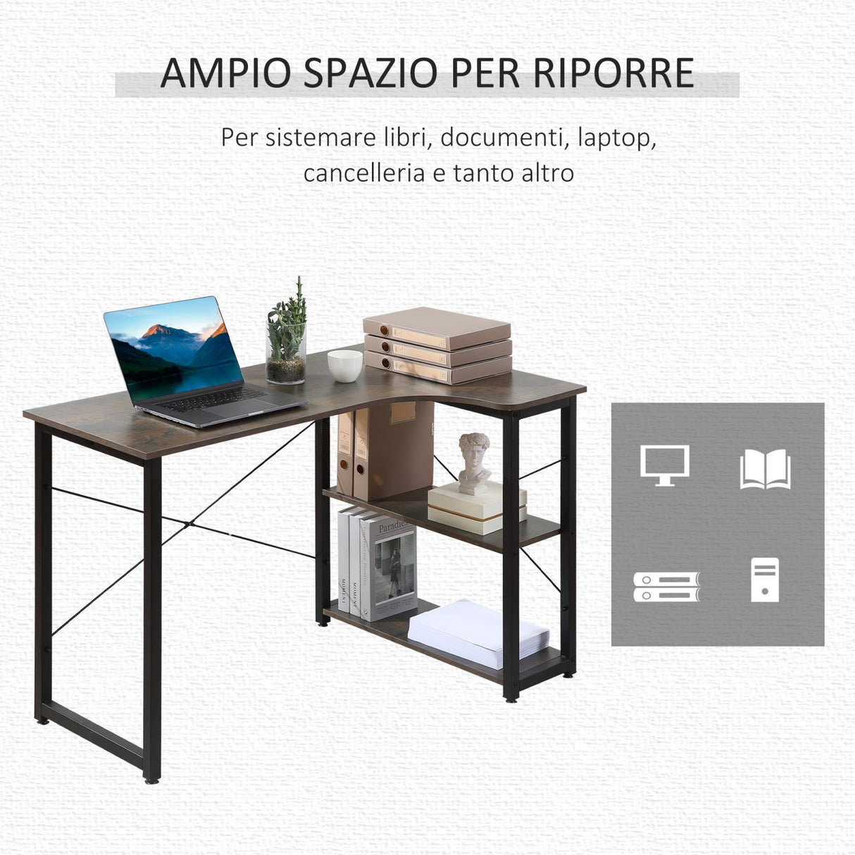 easycomfort easycomfort scrivania angolare salvaspazio in legno e acciaio marrone
