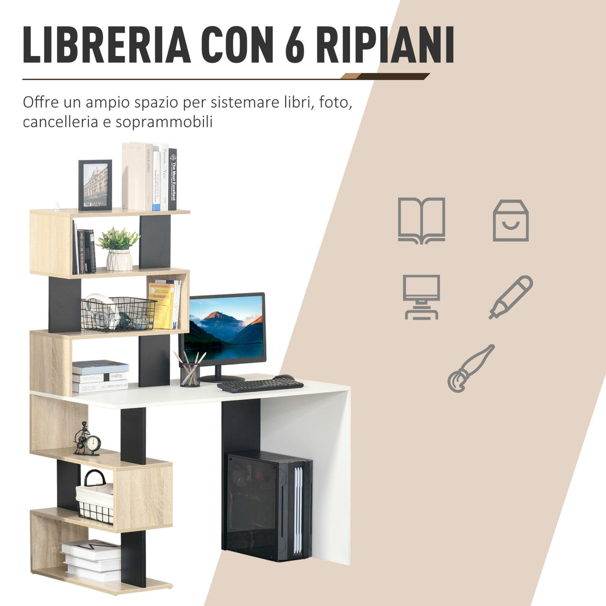 easycomfort easycomfort scrivania con libreria in legno multicolore 120x60x148cm