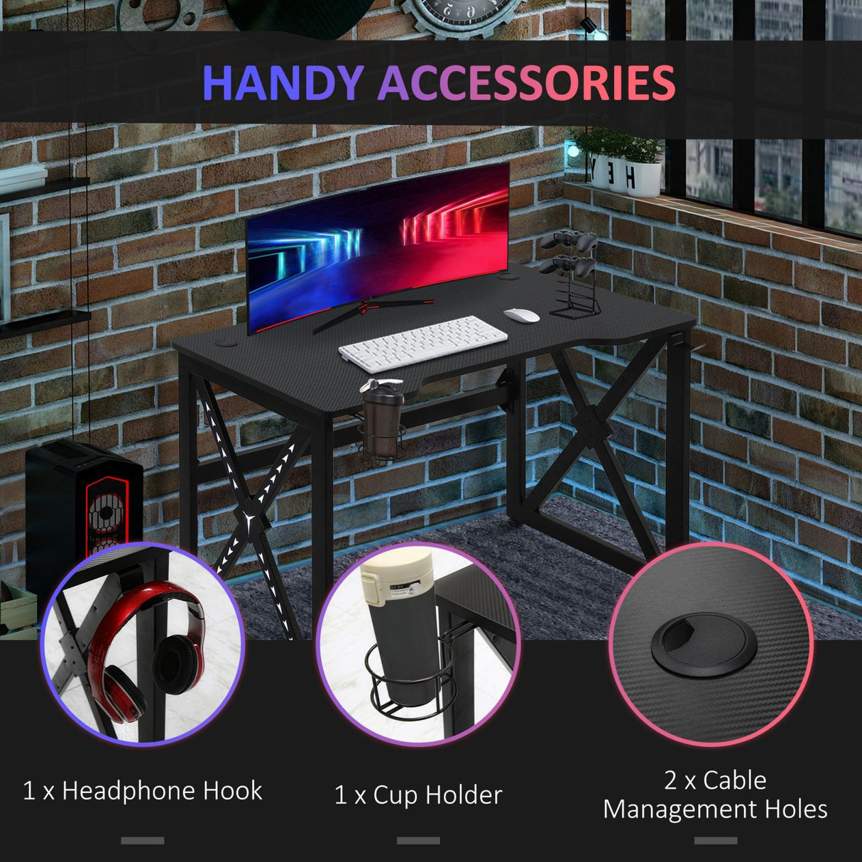 easycomfort easycomfort scrivania gaming con luci a led con portabicchieri e gancio cuffie nero