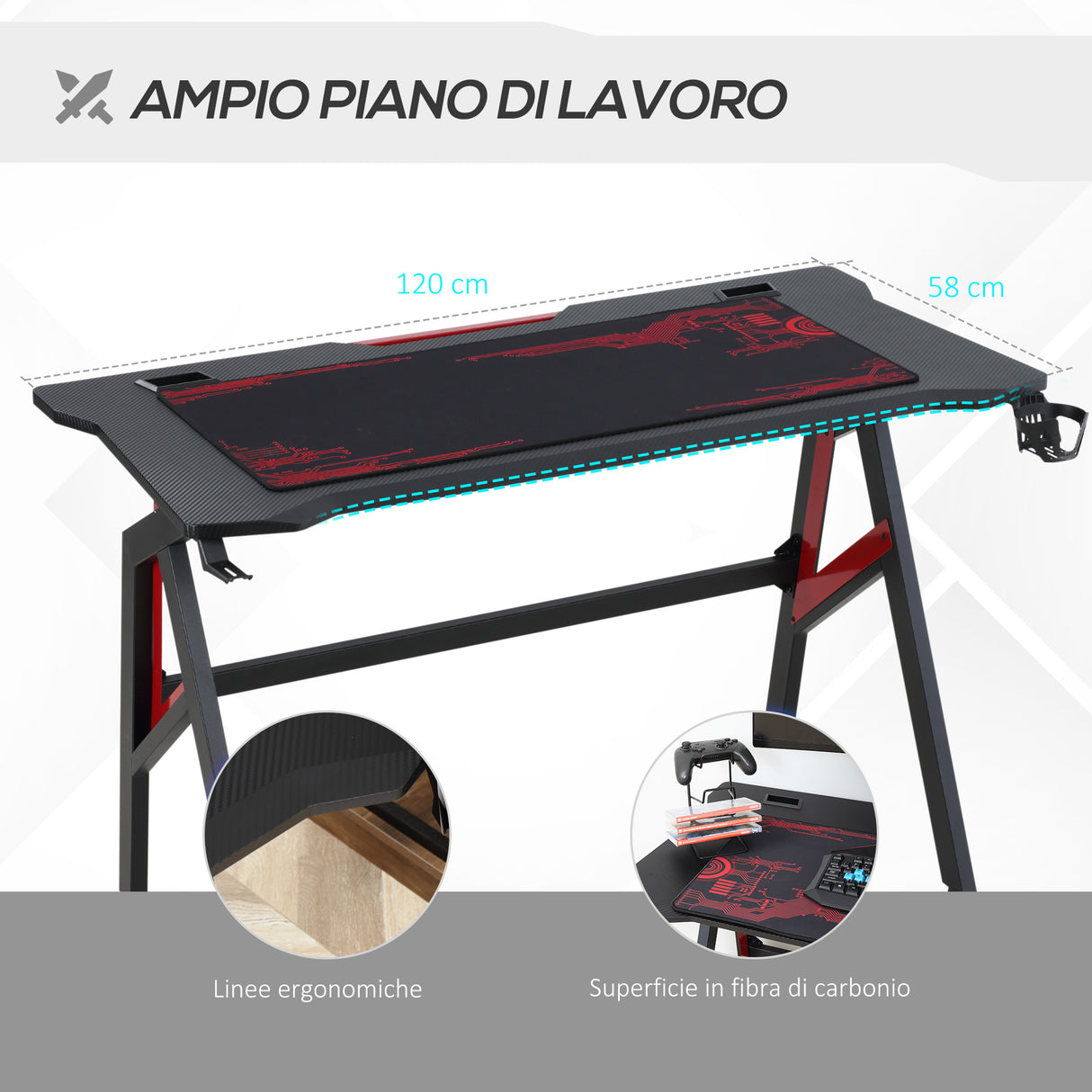 easycomfort easycomfort scrivania gaming moderna con tappetino mouse maxi e accessori 120x58x75cm rosso e nero