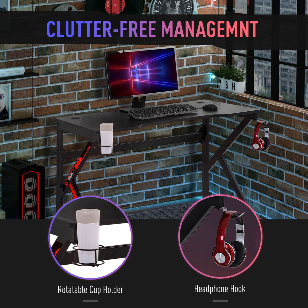 easycomfort easycomfort scrivania gaming per computer porta bicchieri e supporti nero