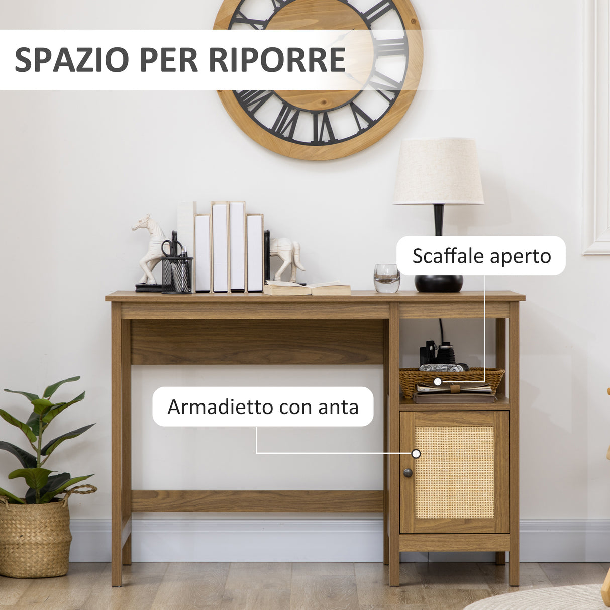 easycomfort easycomfort scrivania in legno con ripiano e armadietto con anta in rattan stile boho 110x48x76cm noce