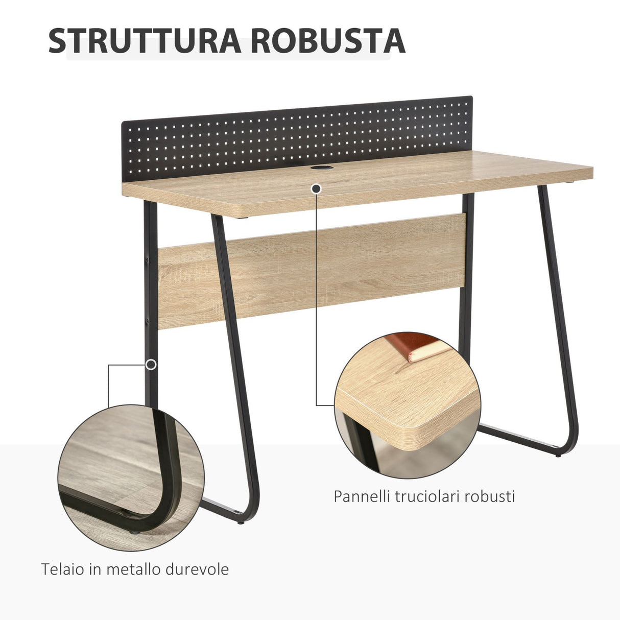 easycomfort easycomfort scrivania moderna con foro passacavi e pannello forato metallo e legno 110x48x90cm legno e nero