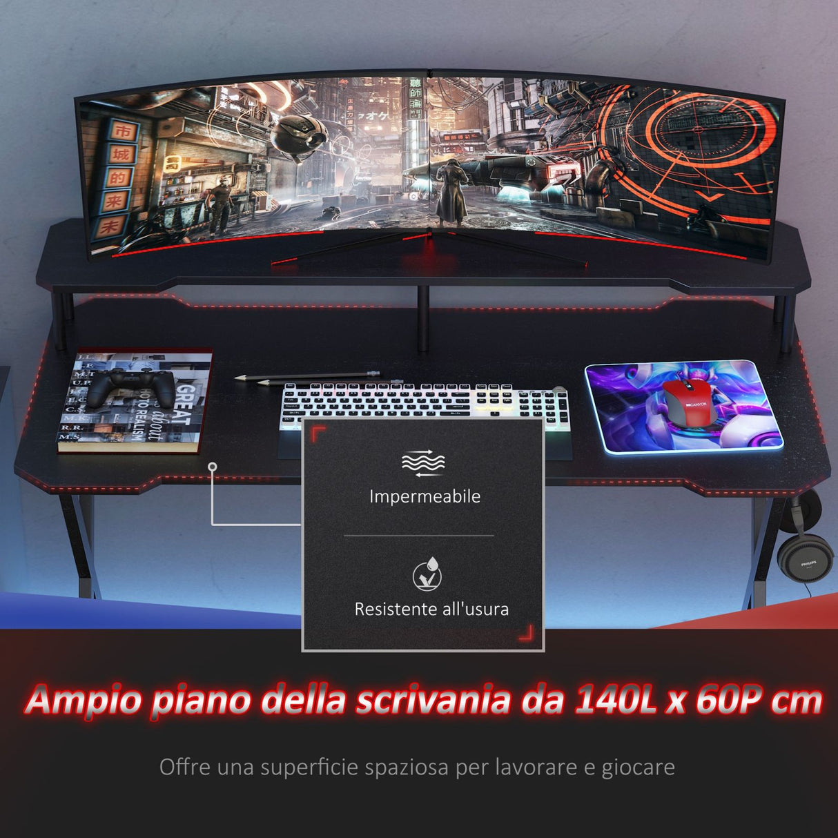 easycomfort easycomfort scrivania pc gaming con piano rialzato per monitor e gancio cuffie in mdf e acciaio nero 140x60x90cm ean 8054144134994