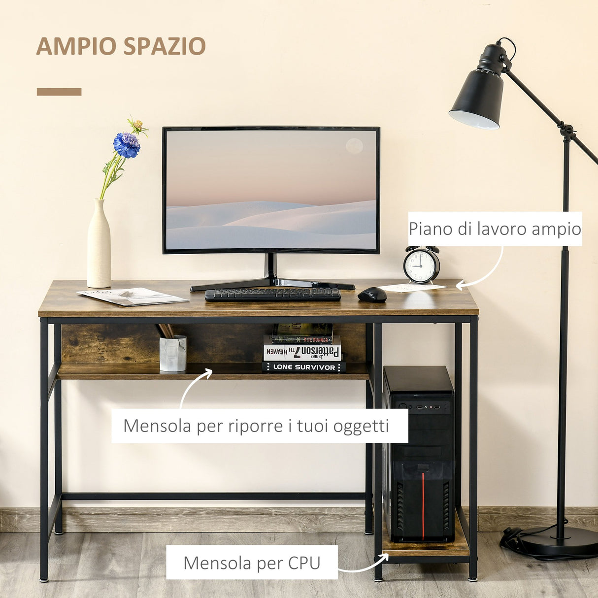 easycomfort easycomfort scrivania per pc compatta con mensola in stile industriale legno e metallo 120x60x75cm