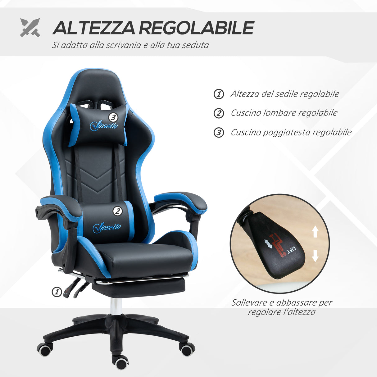 easycomfort easycomfort sedia da gaming con altezza regolabile e schienale reclinabile 65x65x121 129 cm blu e nero