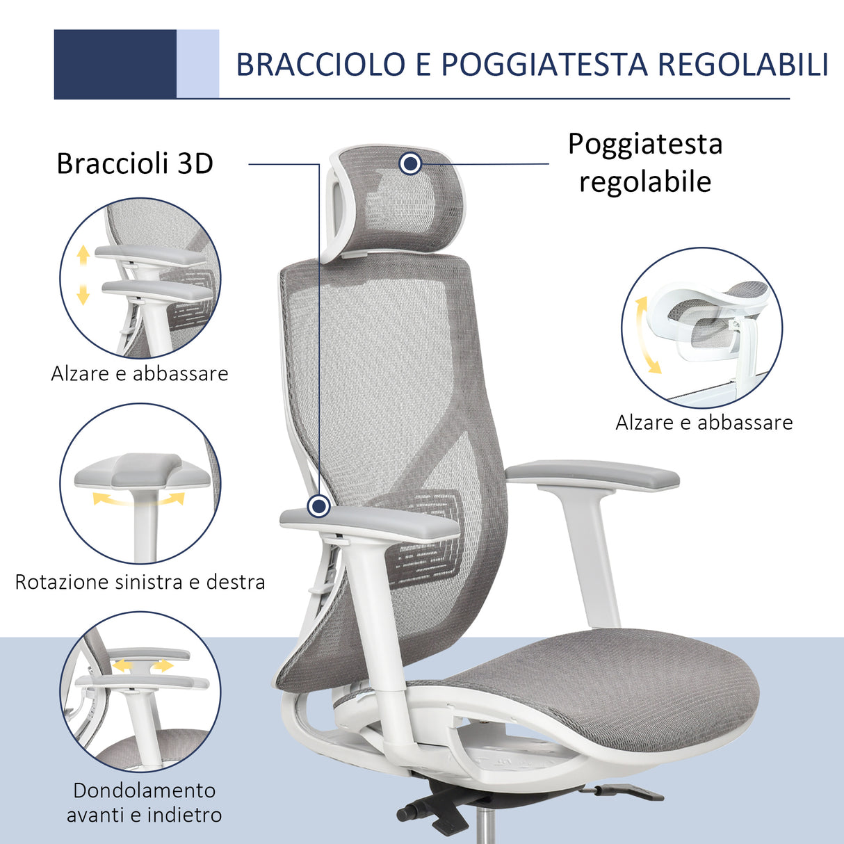 easycomfort easycomfort sedia ergonomica da ufficio con poggiatesta inclinazione e altezza regolabile poltrona girevole basculante con ruote e schiena in rete 67x65x120 128cm grigio