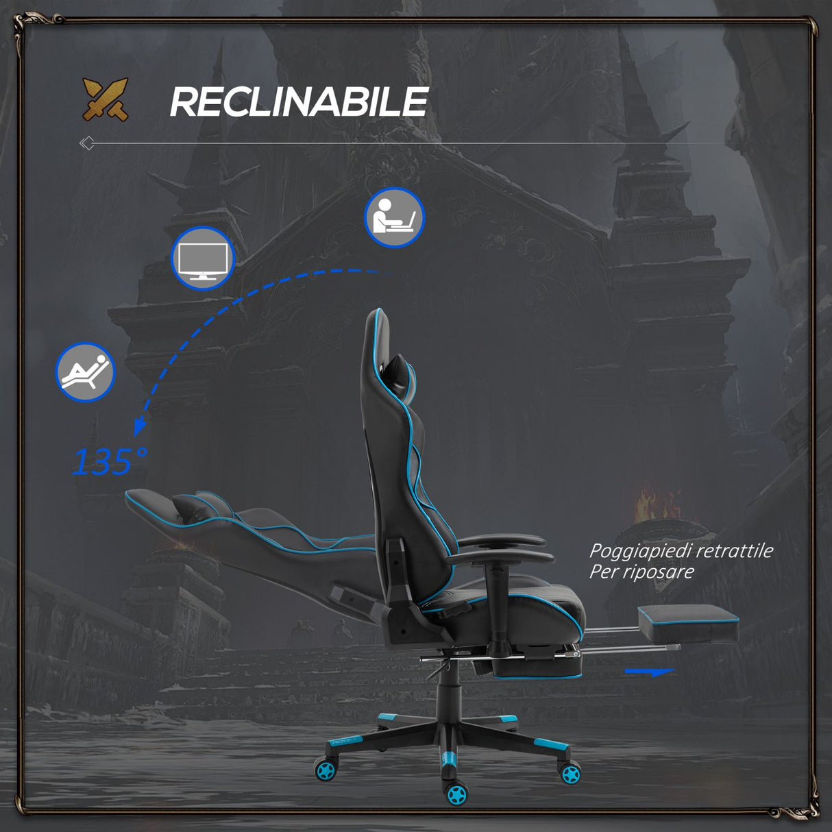 easycomfort easycomfort sedia gaming ergonomica con poggiapiedi estraibile e supporto lombare 72x77x128 138cm nero