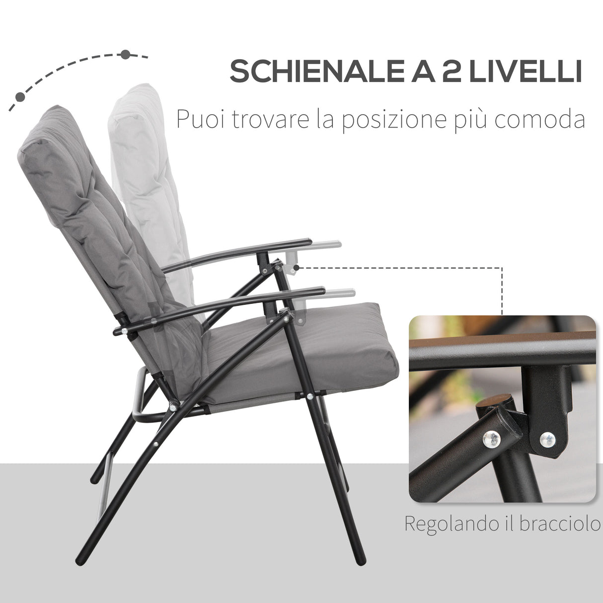 easycomfort easycomfort sedia pieghevole da campeggio con schienale reclinabile su 2 livelli e cuscino rimovibile in metallo e tessuto oxford grigio