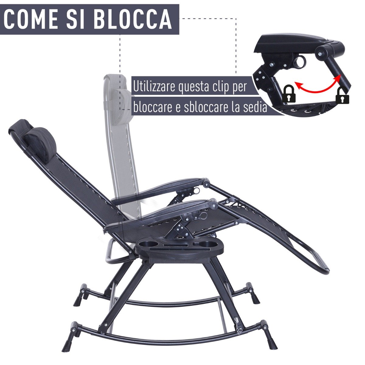 easycomfort easycomfort sedia sdraio a dondolo reclinabile con poggiapiedi e porta bicchieri nero 120x67x102cm ean 8054144133621