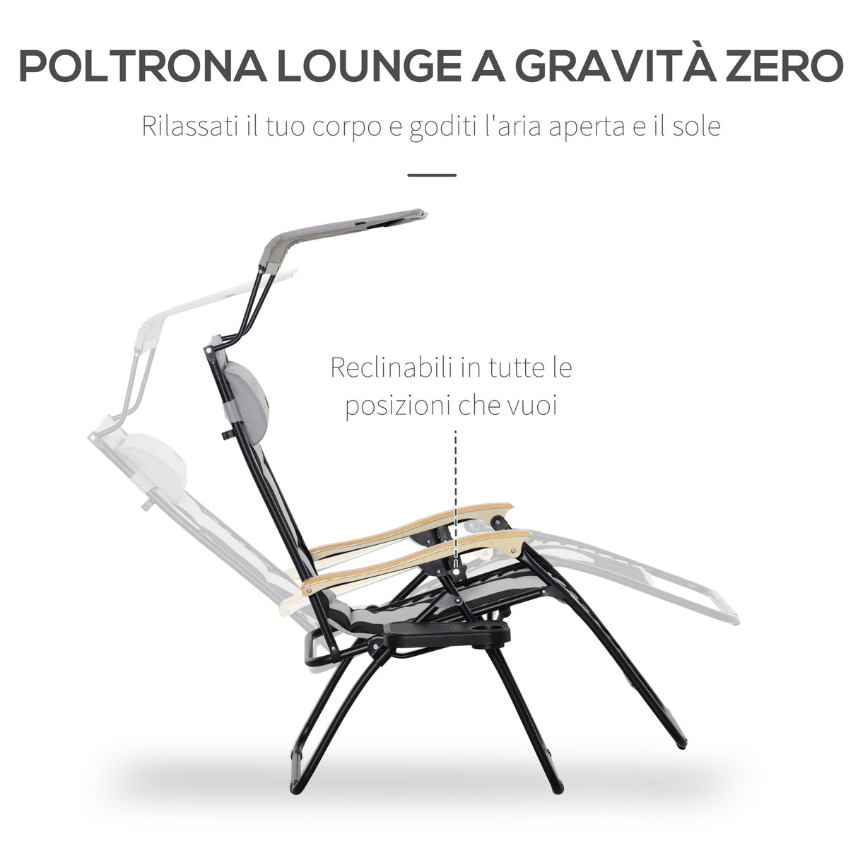 easycomfort easycomfort sedia sdraio da giardino zero gravity pieghevole e reclinabile con tettuccio poggiatesta e porta bicchieri grigio chiaro