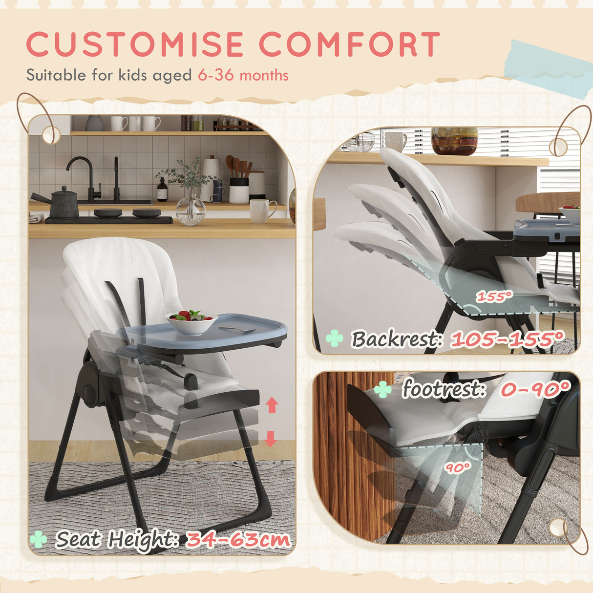 easycomfort easycomfort seggiolone pappa pieghevole per bimbi da 6 36 mesi altezza regolabile e schienale reclinabile nero e bianco