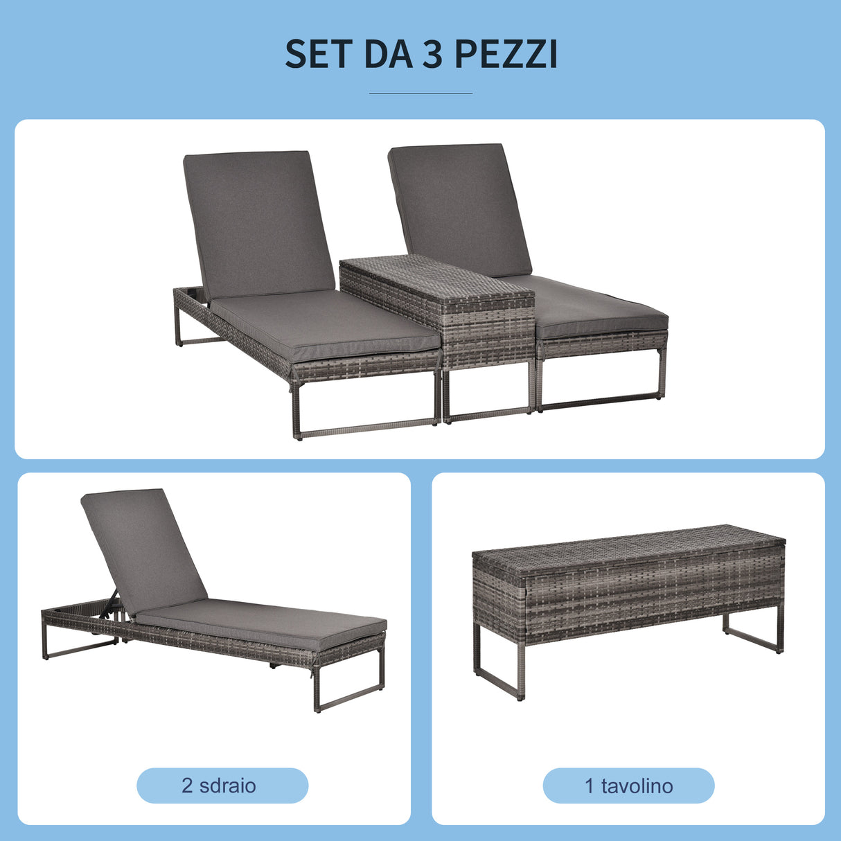 easycomfort easycomfort set 2 lettini prendisole con tavolino in pe rattan grigio