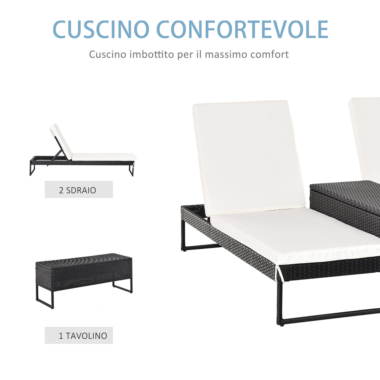 easycomfort easycomfort set 2 lettini prendisole con tavolino in pe rattan nero e materassini bianchi