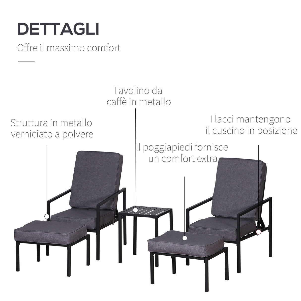 easycomfort easycomfort set 2 sdraio con poggiapiedi cuscini e tavolino in metallo e poliestere grigio e nero