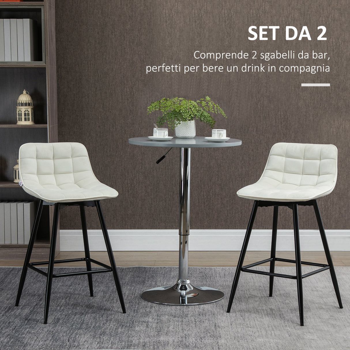 easycomfort easycomfort set 2 sgabelli da bar con schienale e poggiapiedi in stile nordico in metallo e velluto color crema 45x47x84 cm