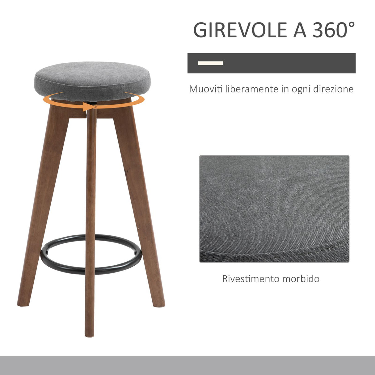 easycomfort easycomfort set 2 sgabelli da bar imbottiti girevoli con poggiapiedi gambe in legno e seduta in tessuto 41x41x69cm marrone