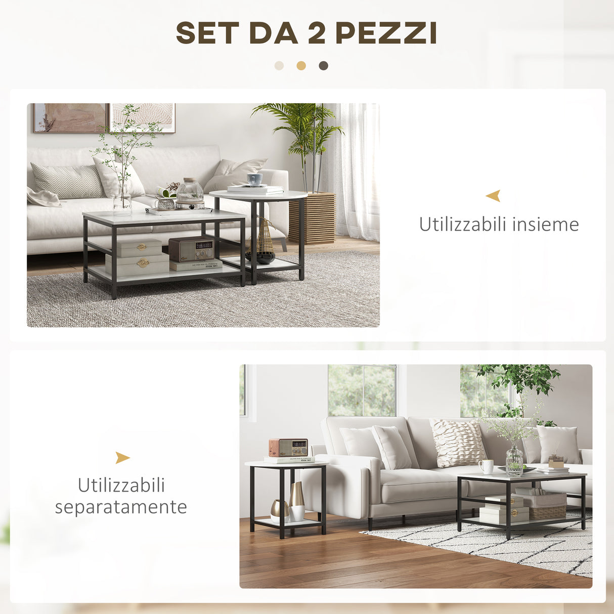 easycomfort easycomfort set 2 tavolini da caffe a 2 livelli in truciolato e acciaio con piano dappoggio effetto marmo bianco e nero