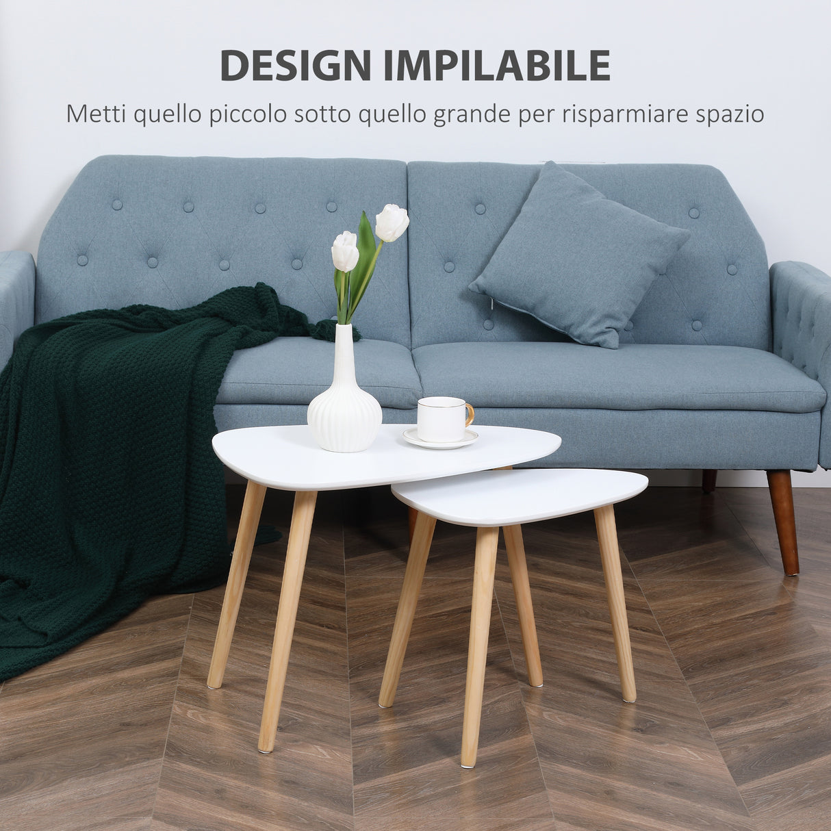 easycomfort easycomfort set 2 tavolini da salotto impilabili stile nordico con gambe in legno bianco