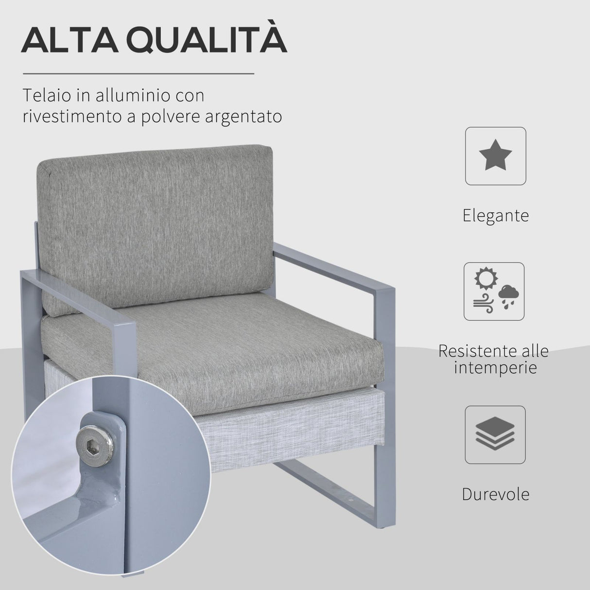 easycomfort easycomfort set 4 pezzi mobili da giardino con divano 3 posti 2 poltrone con cuscini e tavolino in alluminio e vetro grigio ean 8055776916620