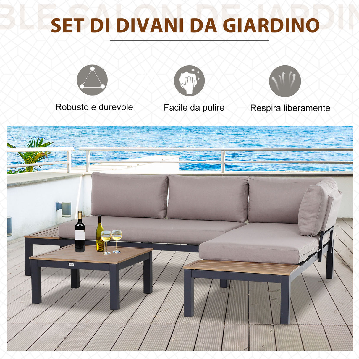 easycomfort easycomfort set da giardino 3 pezzi 2 divani a 2 posti e 1 tavolino da caffe in alluminio grigio