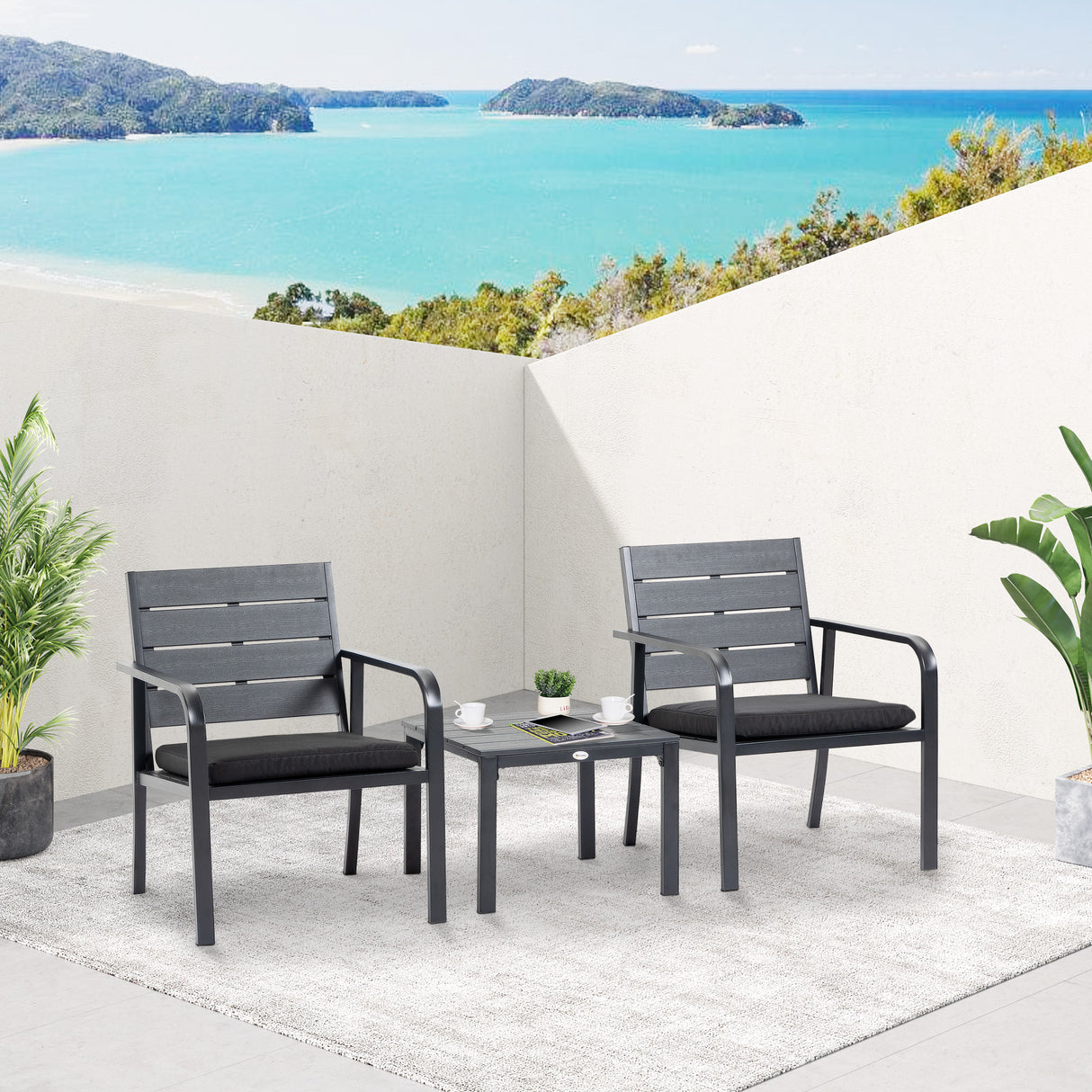 easycomfort easycomfort set da giardino 3 pezzi con tavolino e 2 sedie con cuscini acciaio e plastica grigio scuro