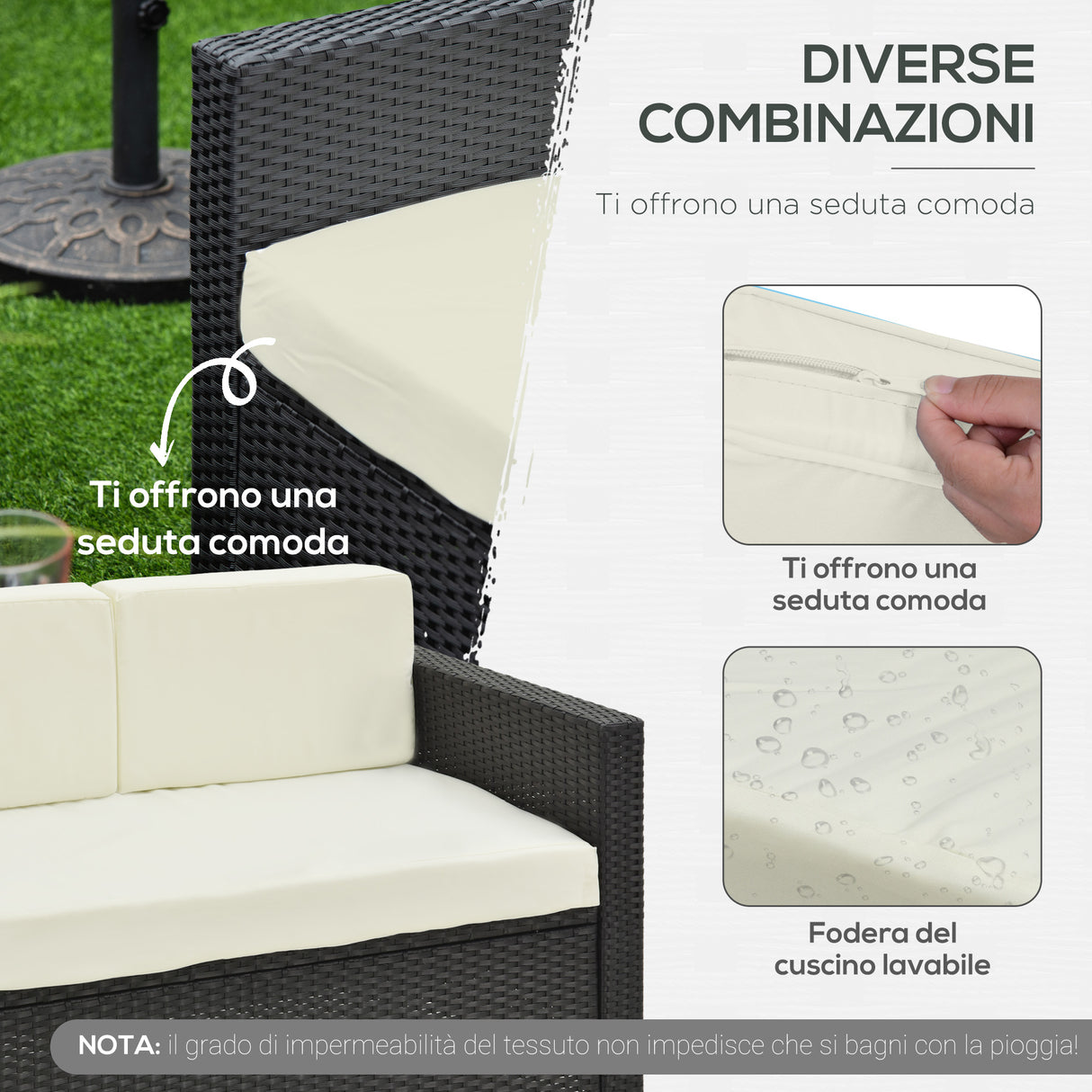 easycomfort easycomfort set da giardino 4 pezzi in rattan pe e acciaio con divano 2 poltrone e tavolino da caffe crema