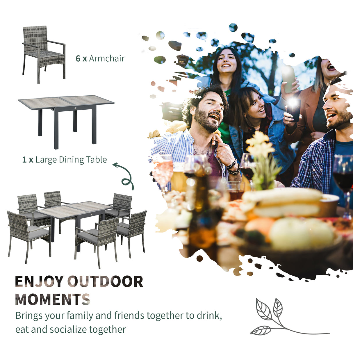 easycomfort easycomfort set da giardino con tavolo allungabile e 6 sedie con cuscini in rattan pe grigio e marrone