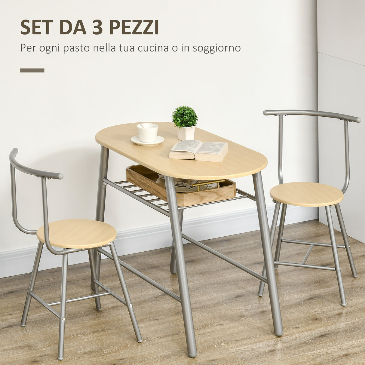 easycomfort easycomfort set da pranzo salvaspazio da 3 pezzi con tavolo da pranzo ovale con ripiano e 2 sedie in mdf e acciaio