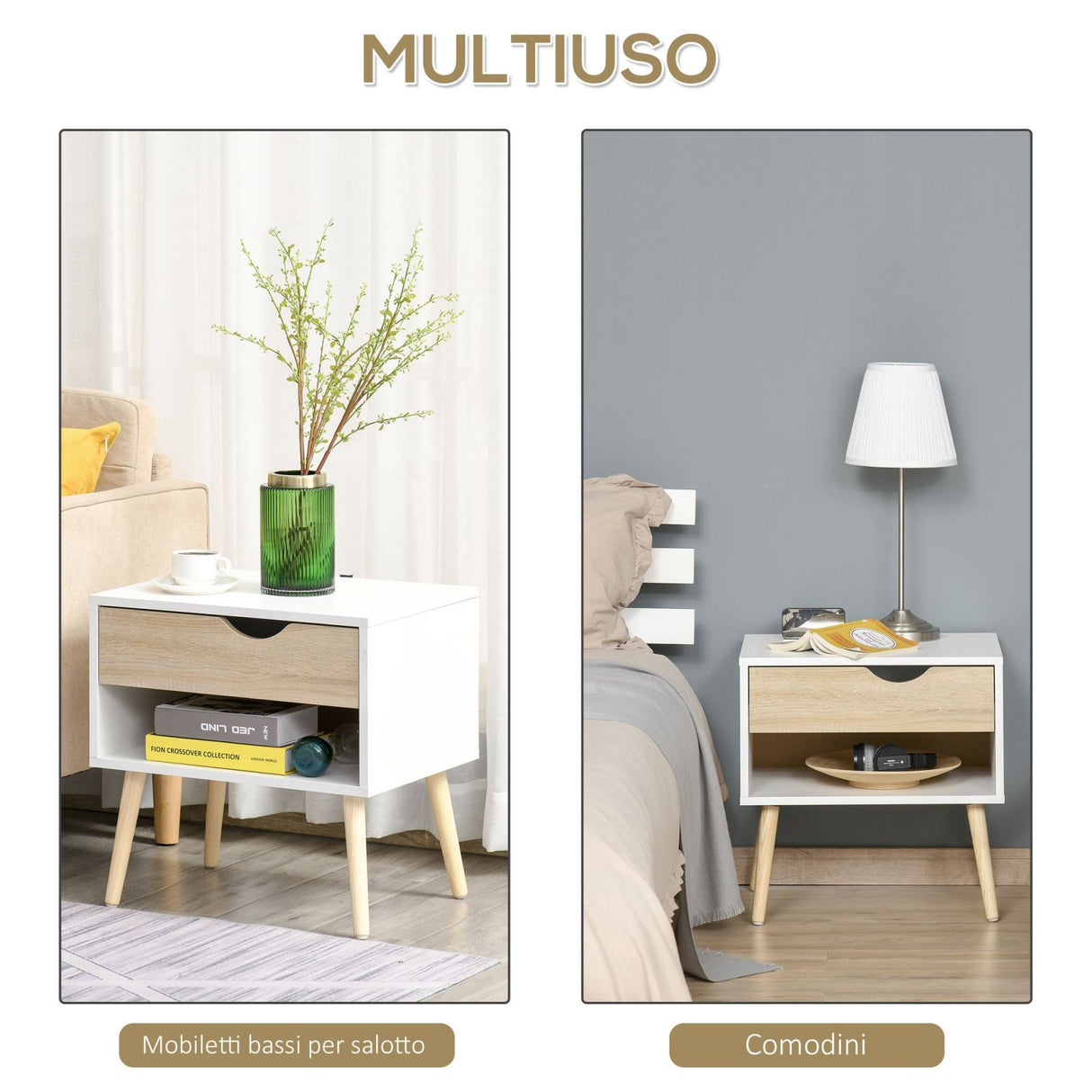 easycomfort easycomfort set di 2 comodini con cassetto e mensola base rialzata e gambe in legno 50x39x51cm bianco e rovere