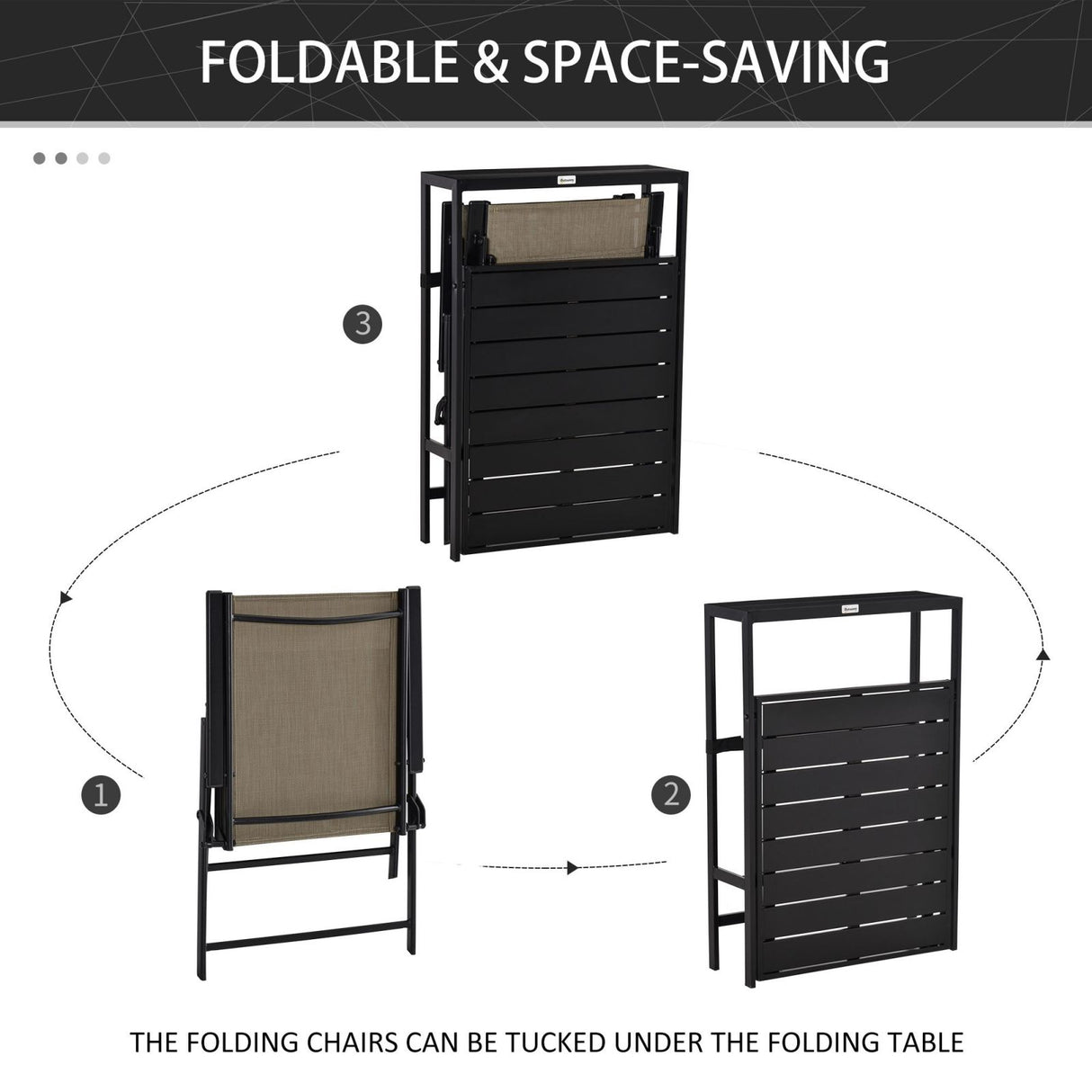 easycomfort easycomfort set mobile da giardino con 2 sedie pieghevoli e tavolo con mensola laterale in metallo e textilene marrone e nero