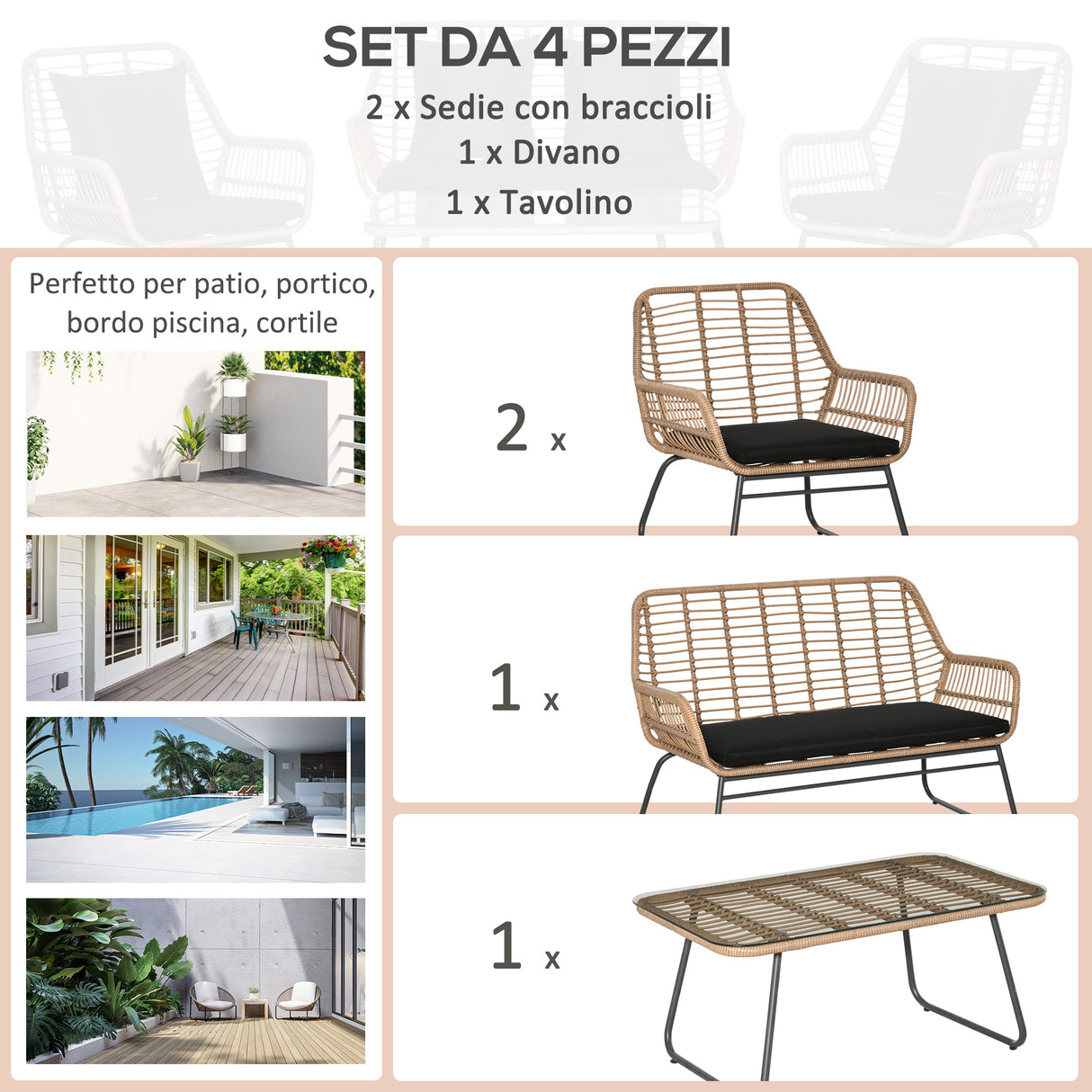 easycomfort easycomfort set mobili da giardino in rattan pe con 2 poltrone divanetto e tavolino con ripiano in vetro
