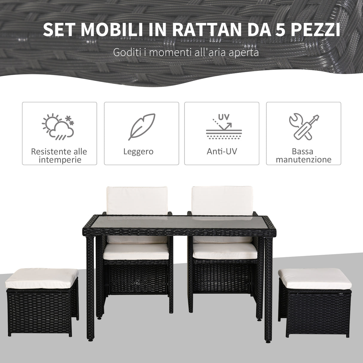 easycomfort easycomfort set mobili da giardino rattan 5 pezzi tavolo 2 sedie 2 poggiapiedi con cuscini combinabili a rettangolo nero