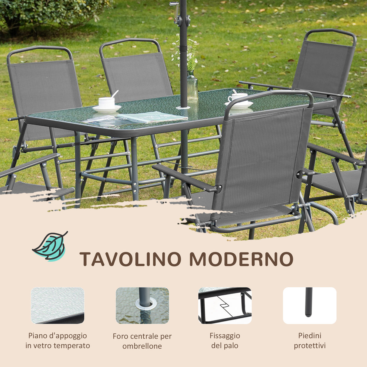 easycomfort easycomfort set tavolo con 6 sedie pieghevoli e ombrellone piano in vetro e sedute in tessuto grigio