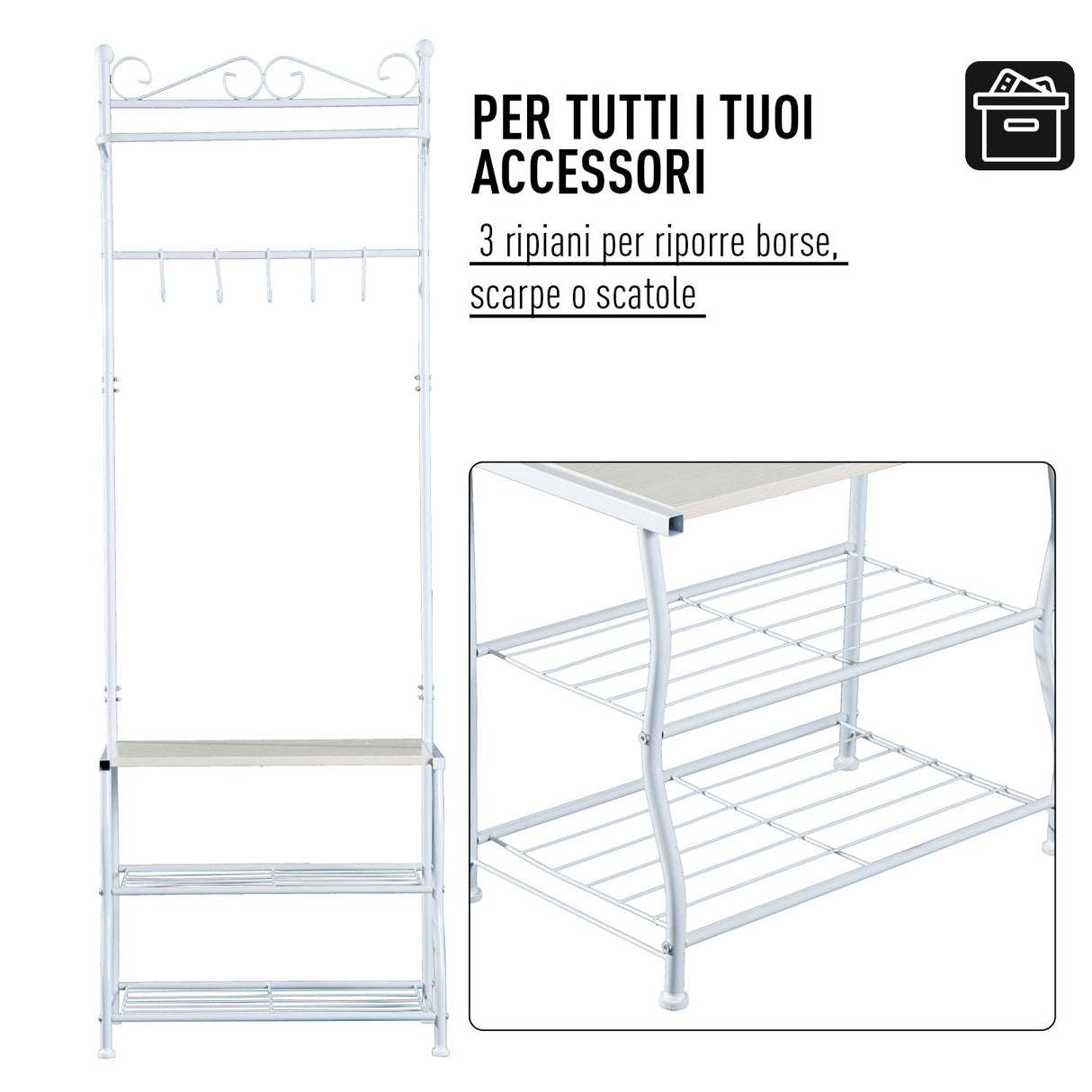 easycomfort easycomfort stand appendiabiti attaccapanni per ingresso scarpiera a 2 ripiani 5 ganci metallo 60 35 175cm bianco ean 8054111842167