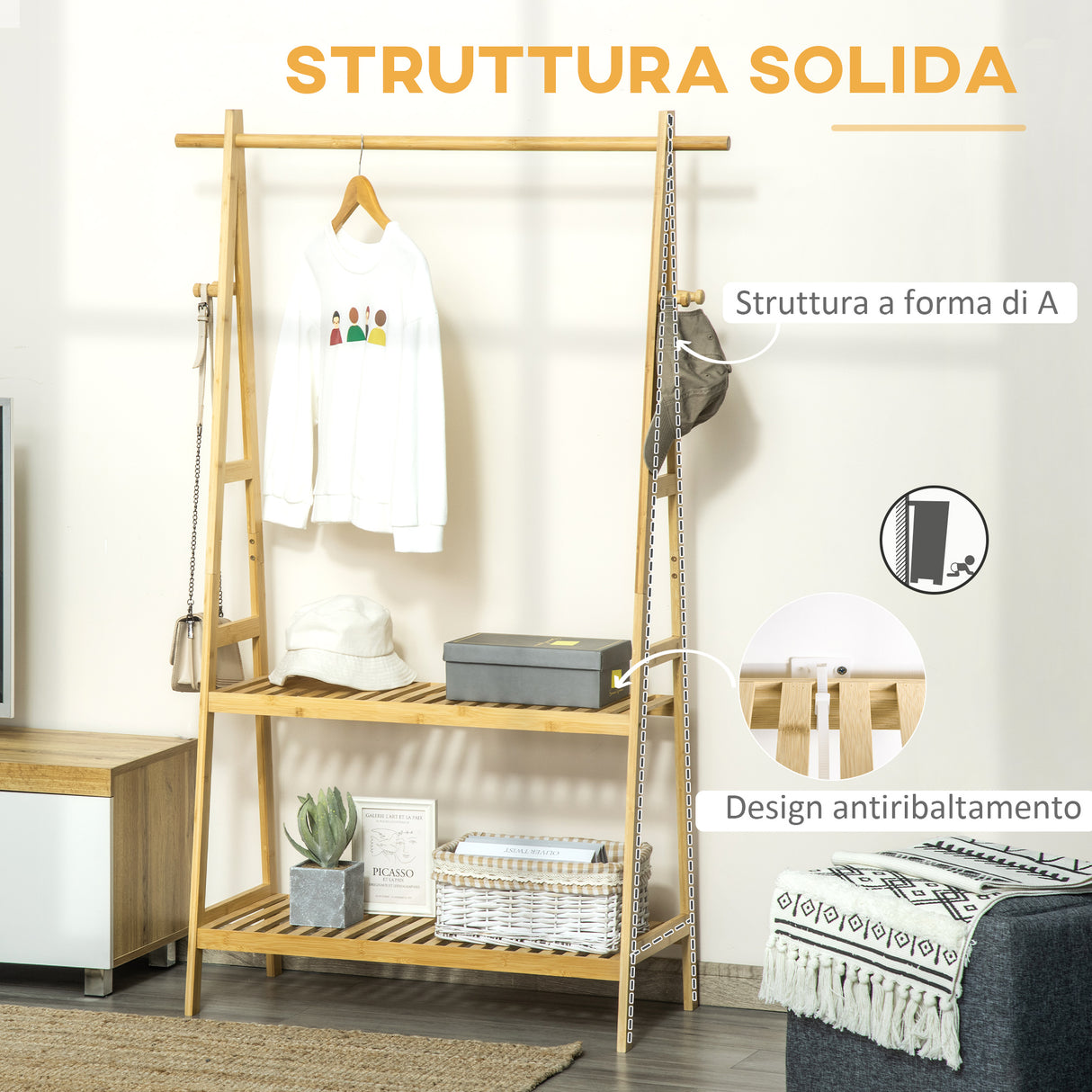easycomfort easycomfort stand appendiabiti con 2 scaffali e 4 ganci laterali struttura in bambu 100l x 42p x 155acm color legno